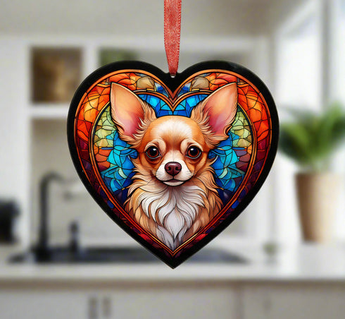 Chihuahua Fawn Stained Glass Effect Heart Suncatcher